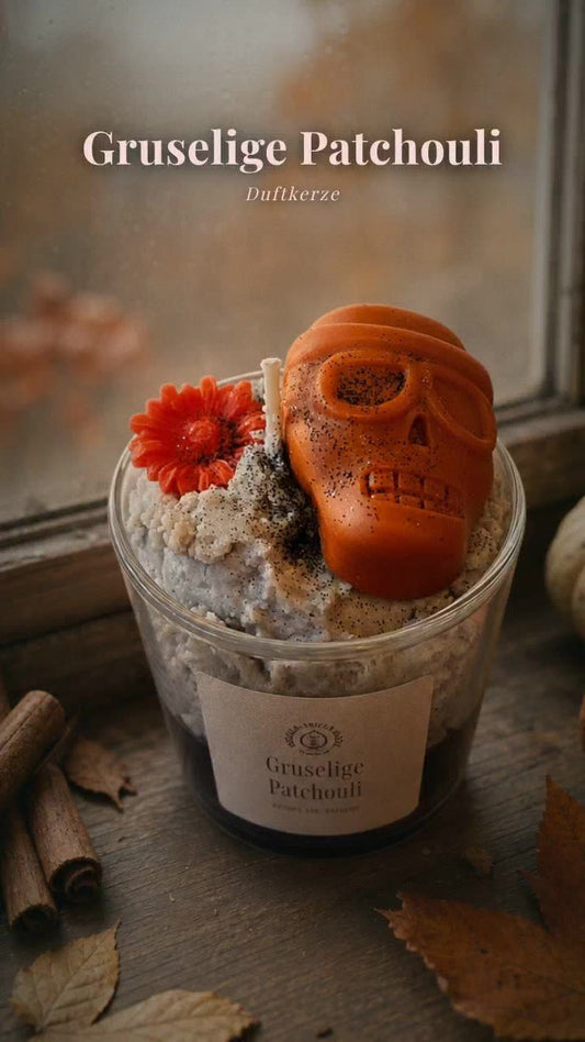 „Gruseliger Patchouli“-Duftkerze mit Totenkopf- und Blütendekoration vor hellem Hintergrund