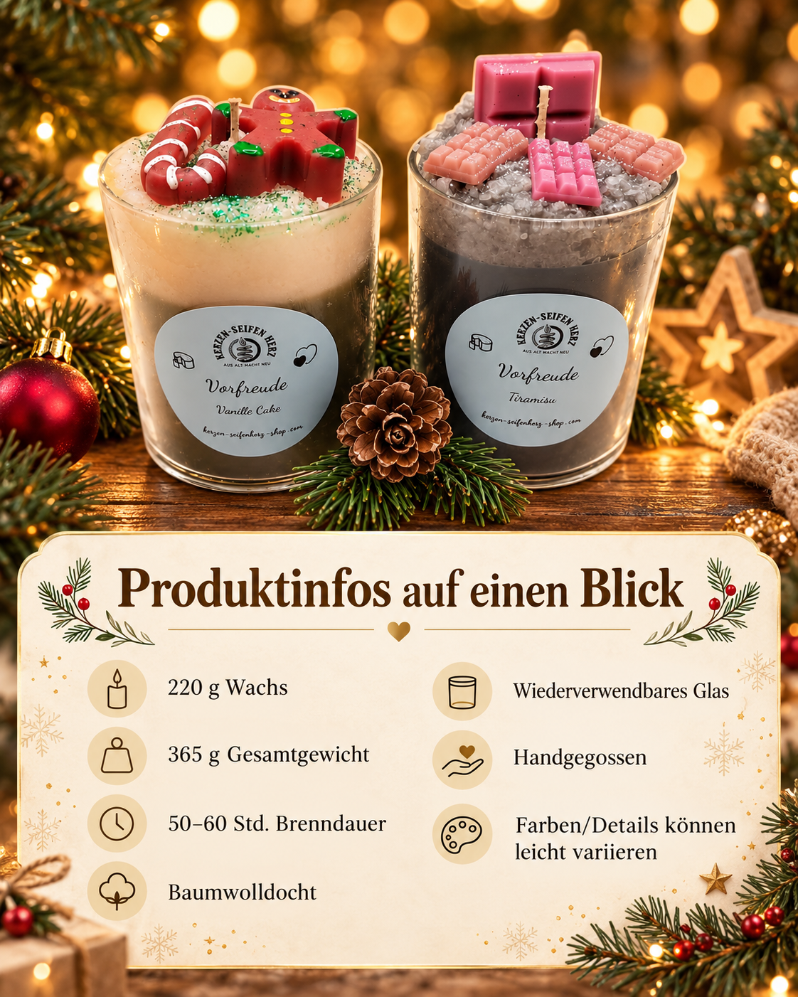 Produktinfos zu den Weihnachtskerzen im Glas mit Angaben zu Wachsgewicht, Brenndauer, Baumwolldocht und wiederverwendbarem Glas