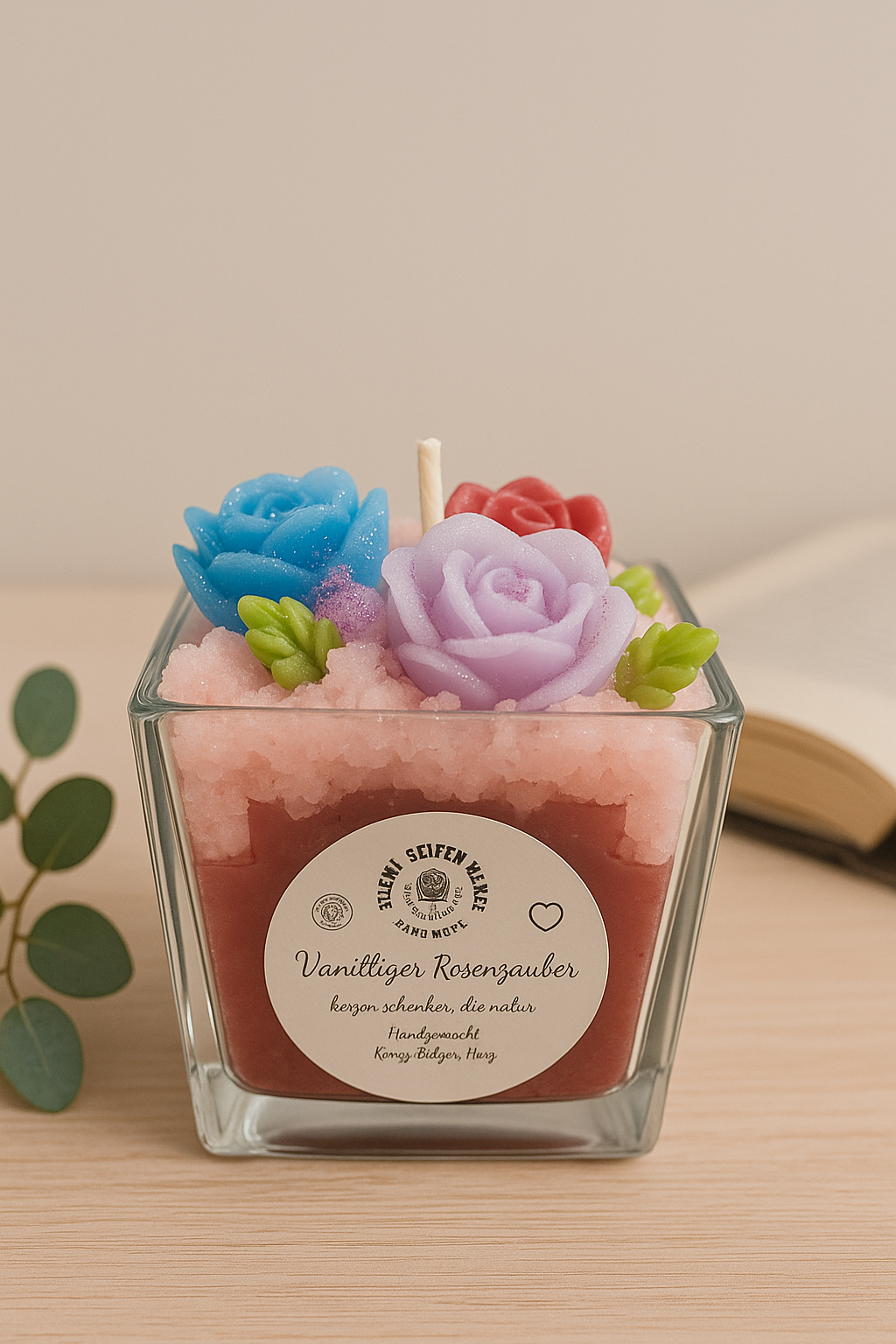 Handgegossene Duftkerze Vanilliger Rosenzauber im Glas mit Wachsrosen-Dekoration, Kerzen-Seifen Herz