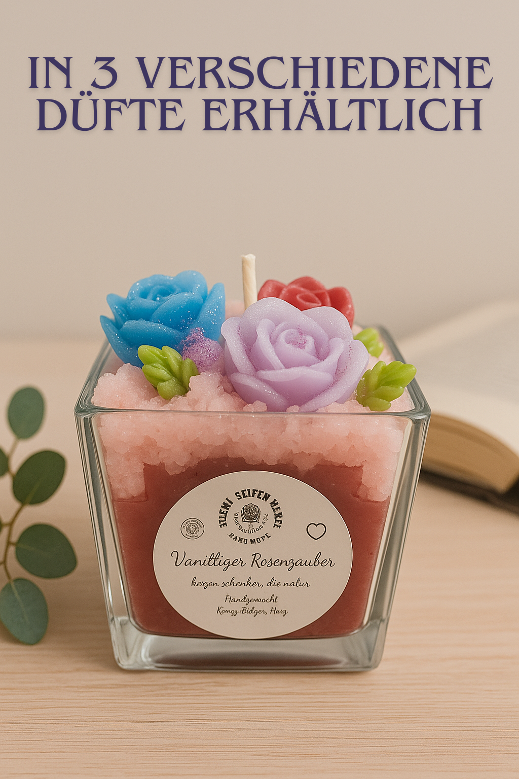 Handgegossene Duftkerze Vanilliger Rosenzauber im Glas mit Wachsrosen-Dekoration, Kerzen-Seifen Herz