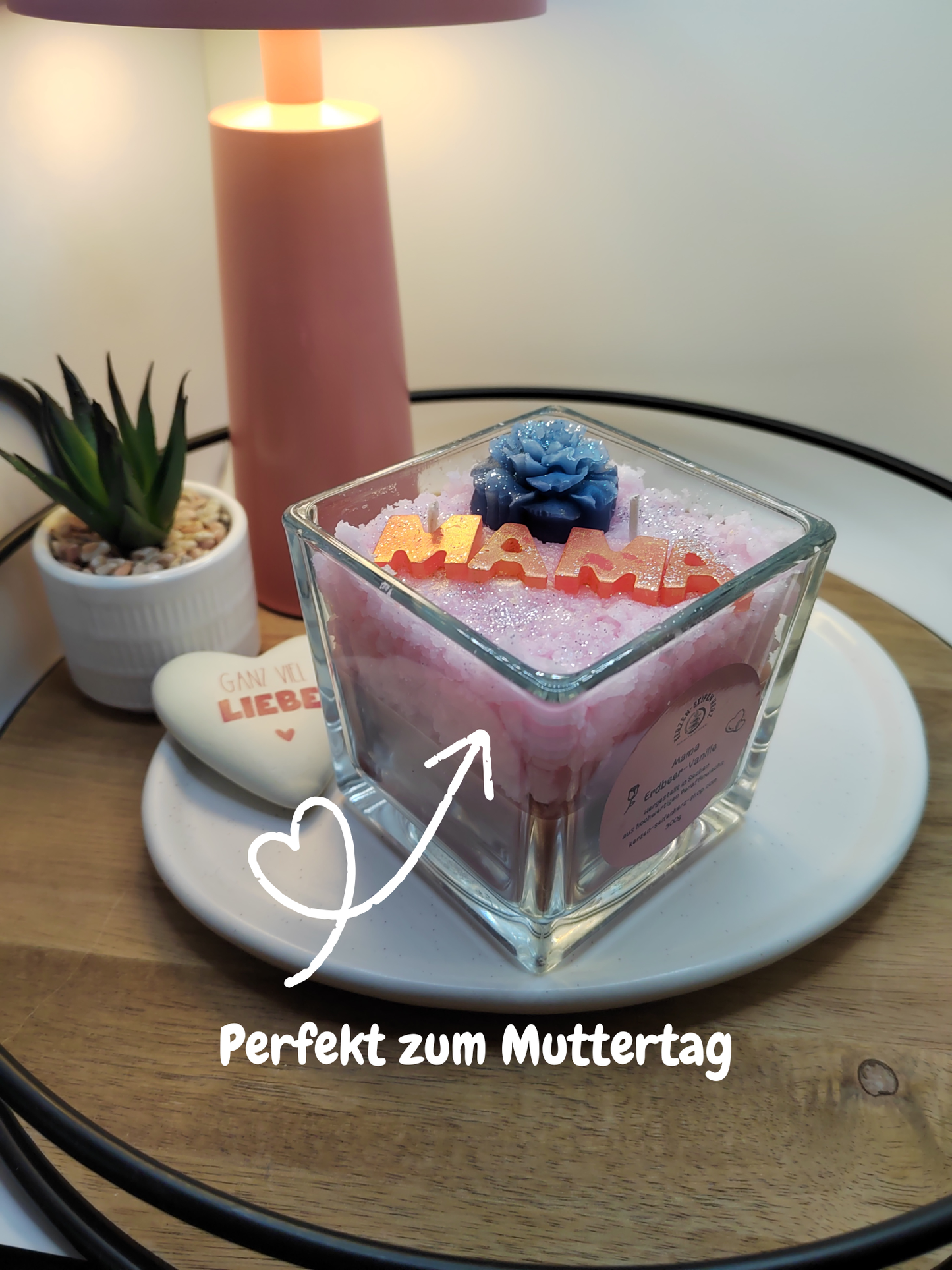 Handgemachte MAMA Duftkerze im Glas Erdbeer-Vanille, personalisiertes Geschenk Muttertag, Kerzen-Seifen Herz