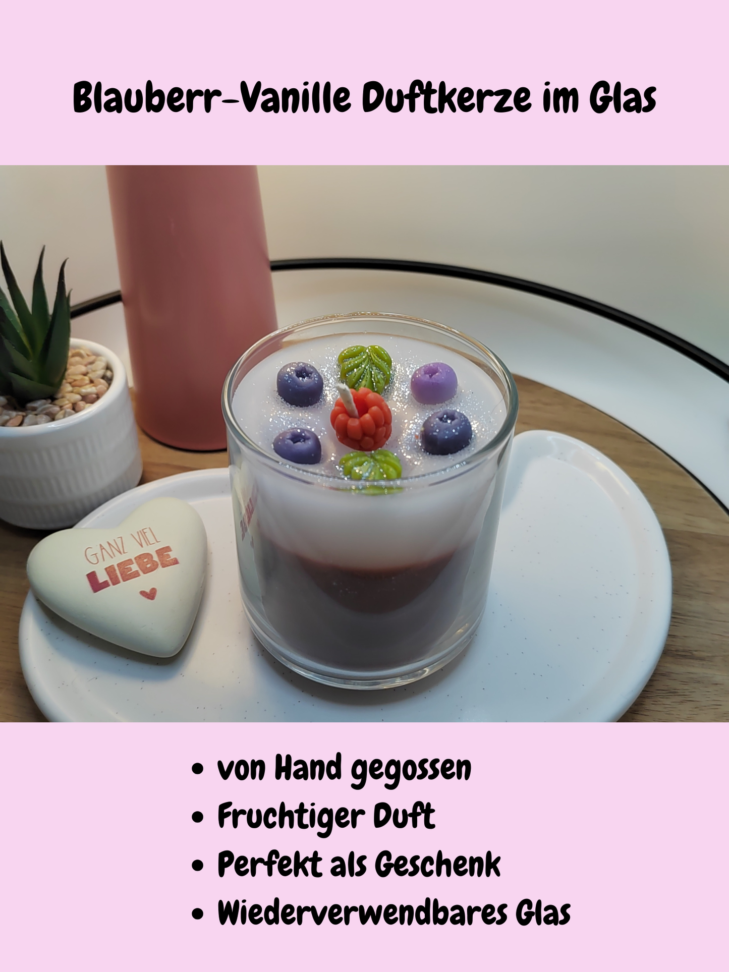 Geschenkidee Duftkerze im Glas mit süßem Blaubeer Vanille Duft