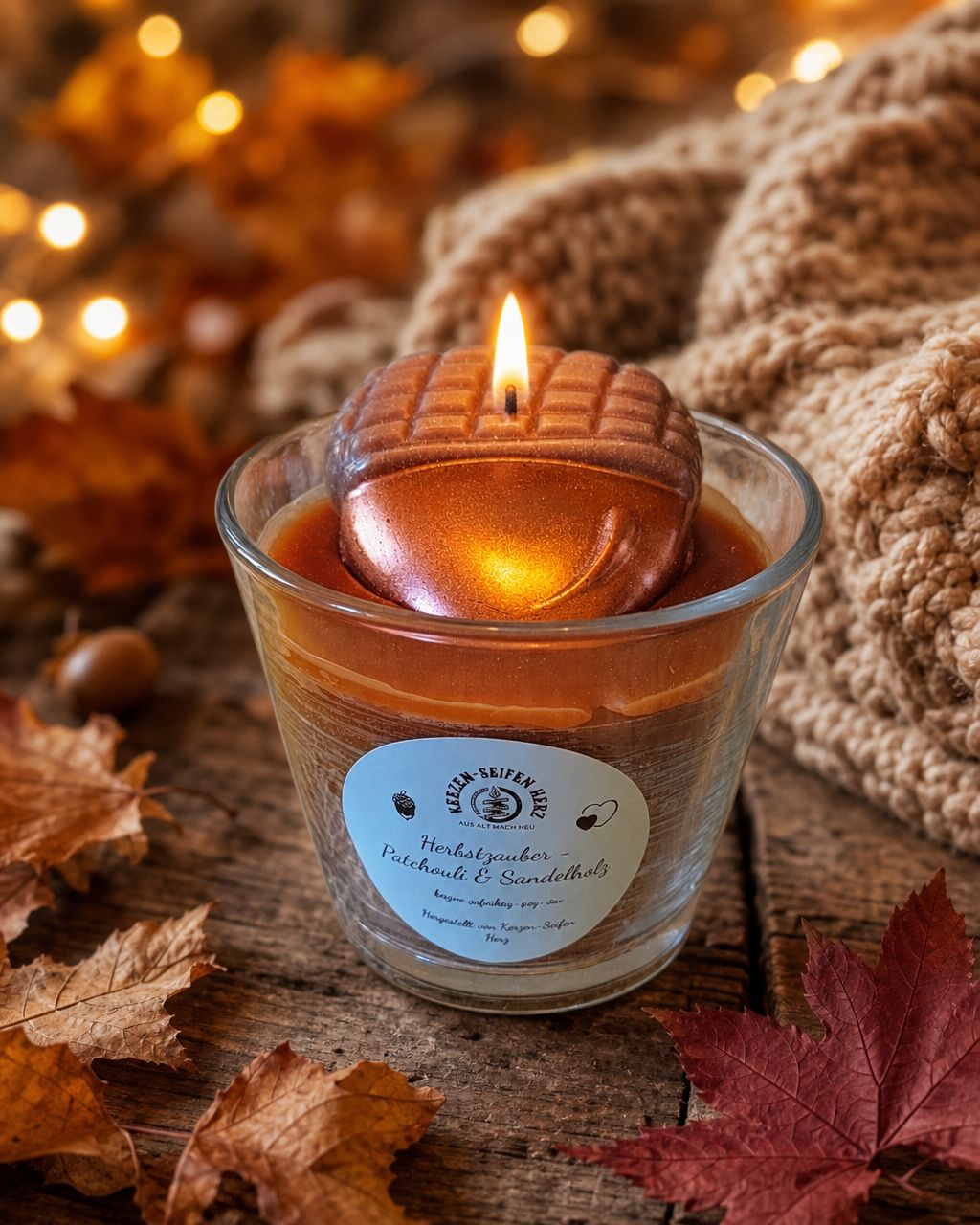 Brennende Herbstzauber-Duftkerze im Glas zwischen bunten Herbstblättern und warmen Lichtern