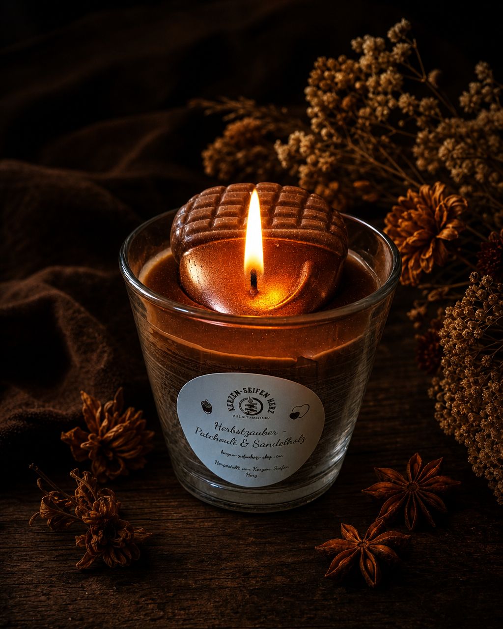 Brennende Herbstzauber-Kerze im Glas in einer Schale mit Decke und herbstlicher Dekoration