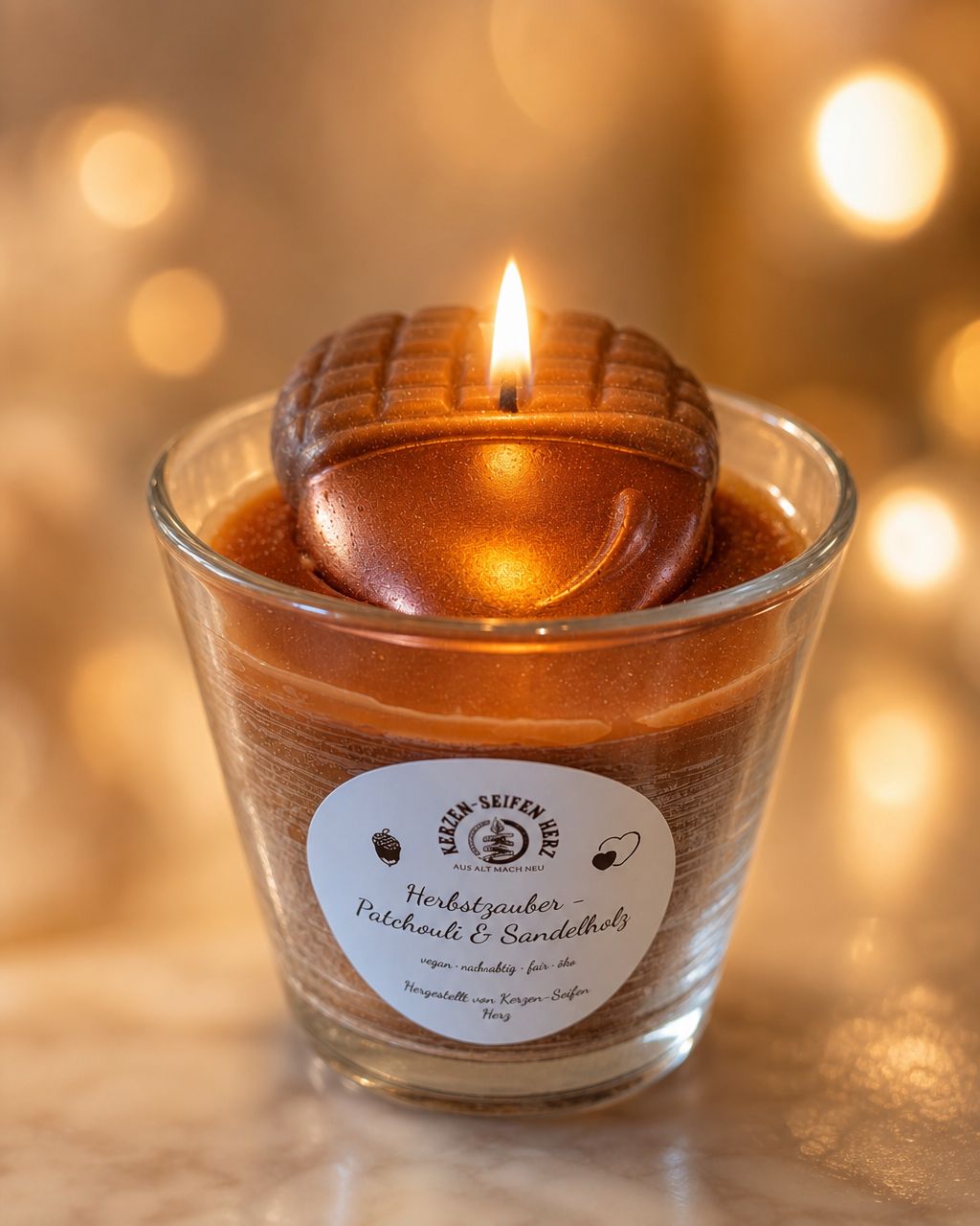 Brennende Herbstzauber-Duftkerze im Glas mit Eichel-Dekoration vor warmem Lichterhintergrund