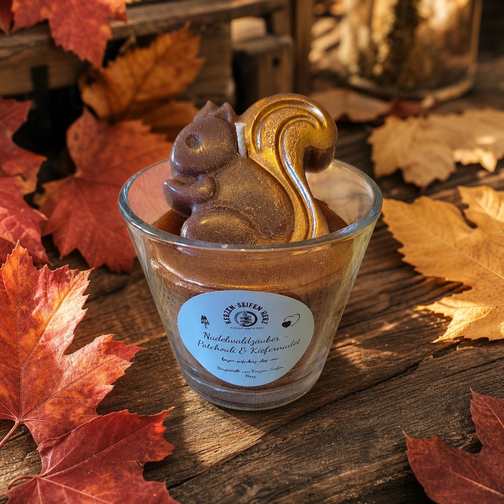Nadelwaldzauber-Kerze im Glas vor orangefarbenem Herbstlaub