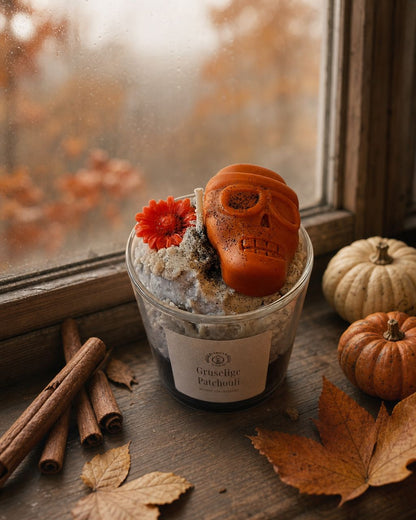 Patchouli-Duftkerze mit Totenkopf am Fenster zwischen kleinen Kürbissen und Herbstlaub
