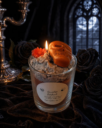 „Gruseliger Patchouli“-Kerze mit Blüte, Kürbissen und leuchtender Kerze im Hintergrund