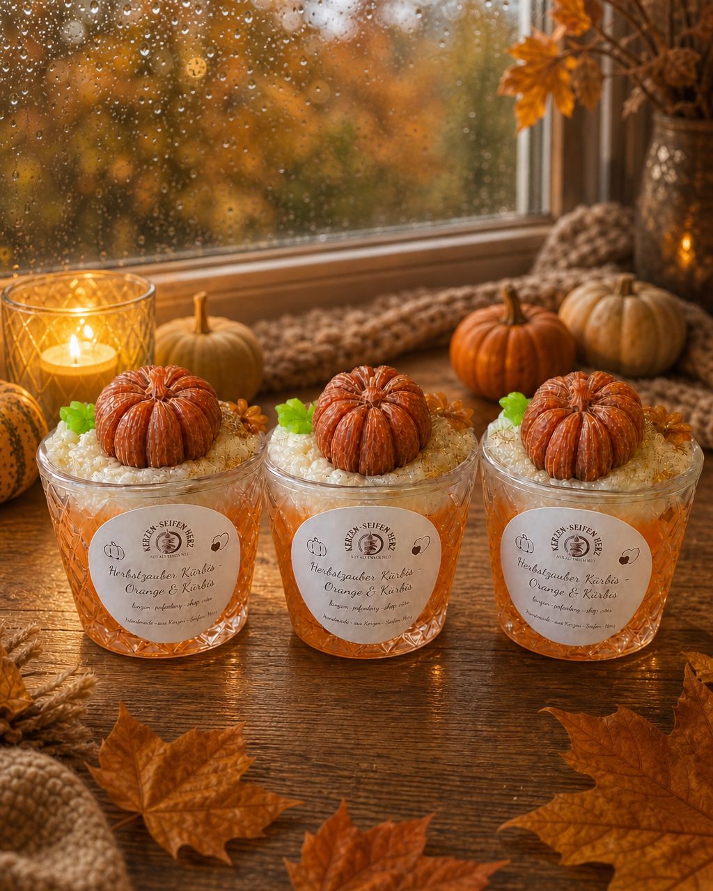 Drei Herbstzauber Kürbis Duftkerzen im Glas mit Kürbis-Dekoration vor warmem Herbsthintergrund