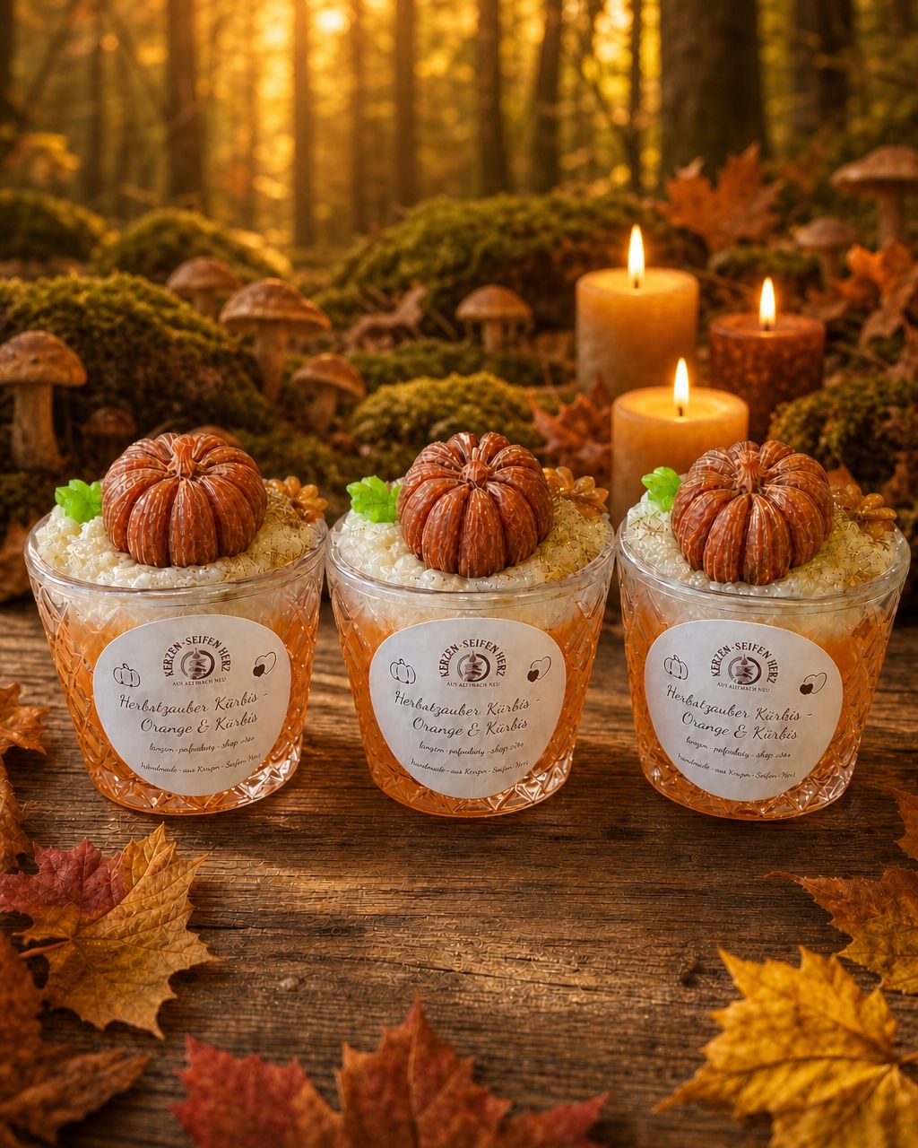 Drei Herbstzauber Kürbis Duftkerzen vor herbstlicher Wald- und Lichtkulisse mit Blättern