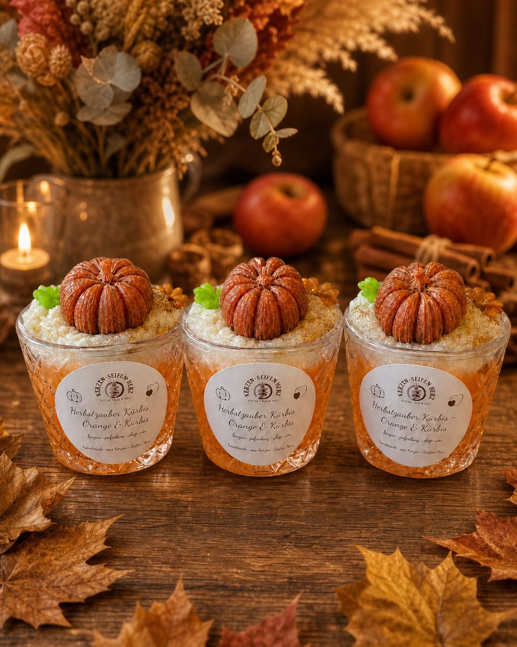 Drei Herbstzauber Kürbis Duftkerzen im Glas mit Äpfeln und herbstlicher Tischdekoration