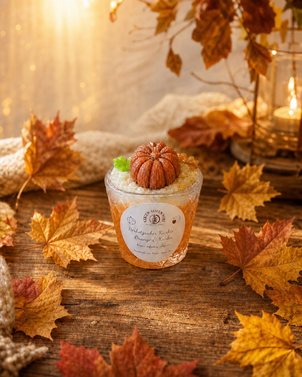 Herbstzauber Kürbis Duftkerze im Glas zwischen Herbstlaub und warmer Dekoration auf Holztisch