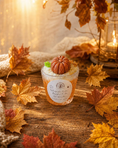 Herbstzauber Kürbis Duftkerze im Glas zwischen Herbstlaub und warmer Dekoration auf Holztisch