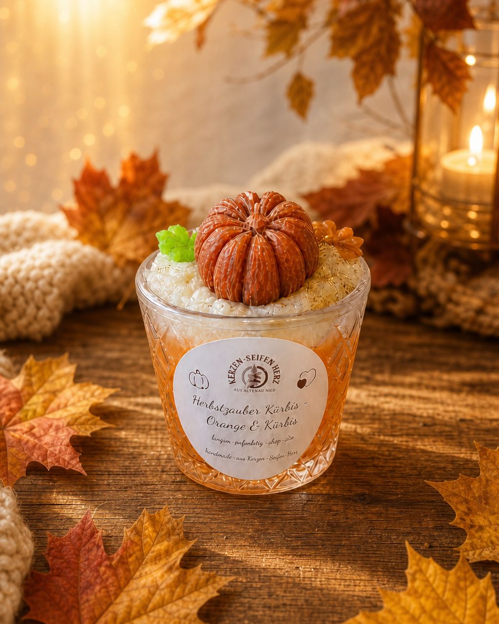 Herbstzauber Kürbis Duftkerze mit Kürbis-Dekoration auf Holztisch vor heller gemütlicher Herbstkulisse