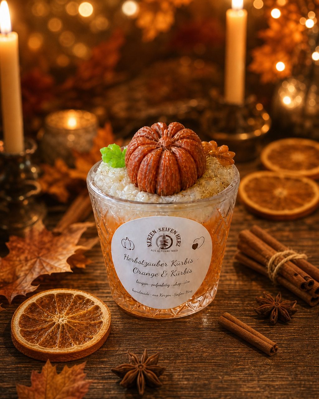 Herbstzauber Kürbis Duftkerze im Glas mit Kürbis-Dekoration, Orangenscheiben und herbstlicher Stimmung