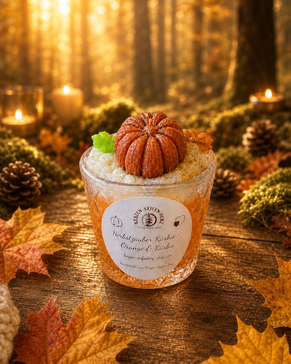 Herbstzauber Kürbis Duftkerze im Glas vor herbstlicher Waldkulisse mit warmen Farben und Herbstlaub