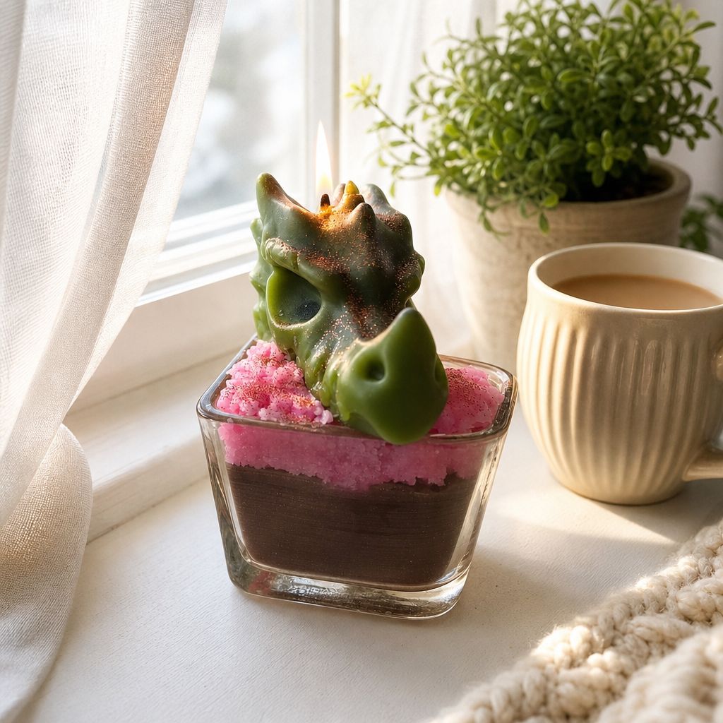 „Drachenherz“ – Dragonfruit-Duftkerze im Glas mit Drachen