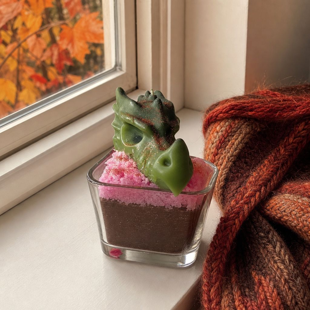 „Drachenherz“ – Dragonfruit-Duftkerze im Glas mit Drachen