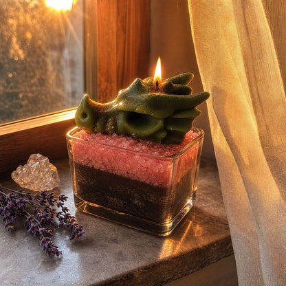 „Drachenherz“ – Dragonfruit-Duftkerze im Glas mit Drachen