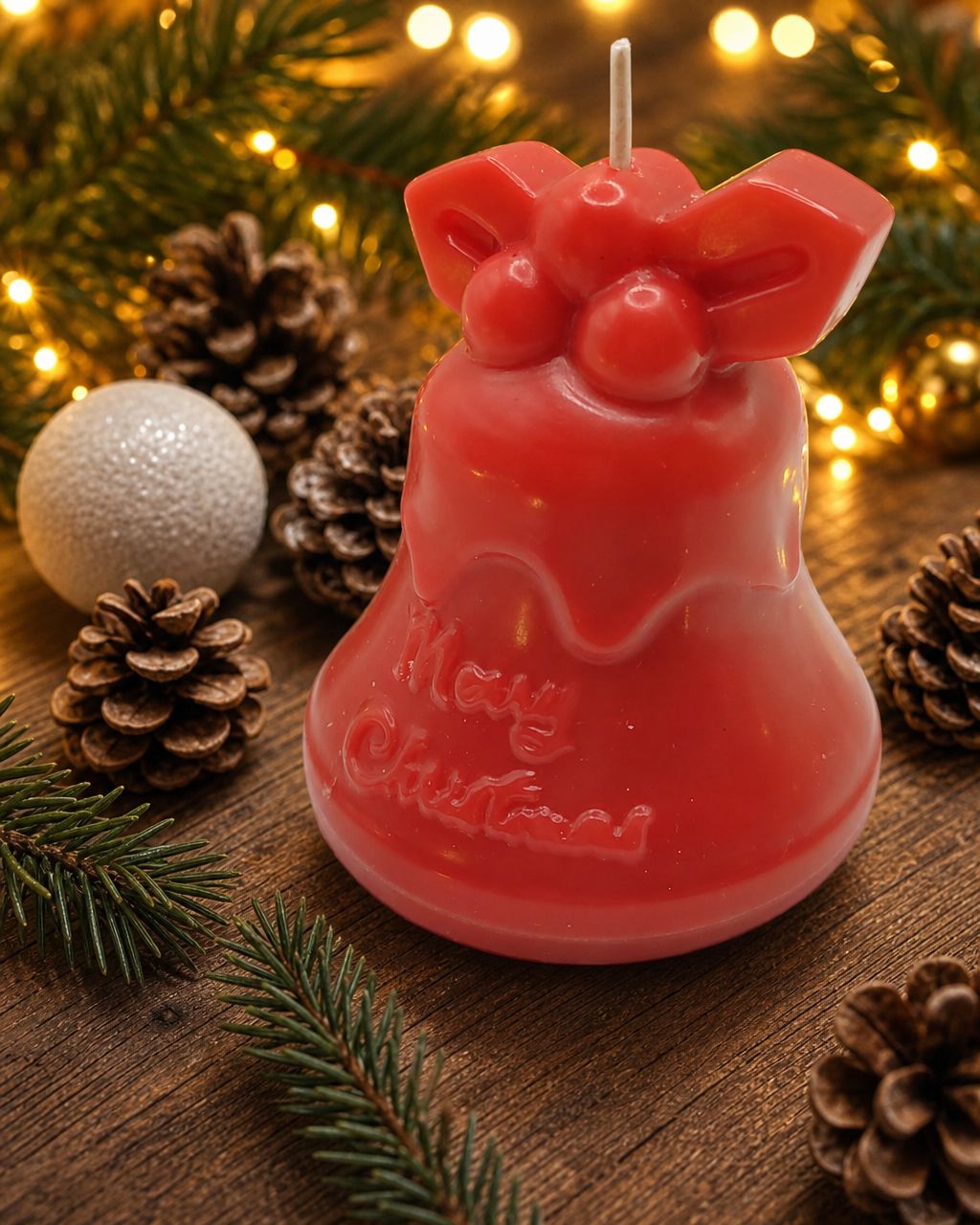 Rote Merry Christmas Weihnachtskerze in Glockenform mit Tannenzweigen, Zapfen und Weihnachtskugel