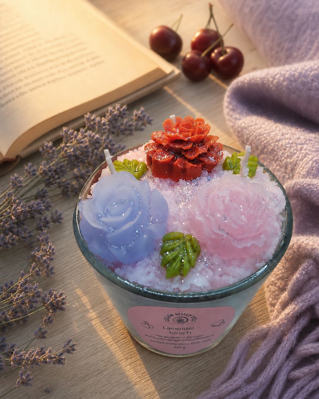Lavendel-Kirsch Duftkerze im warmen Licht neben Buch, Lavendel und Kuscheldecke