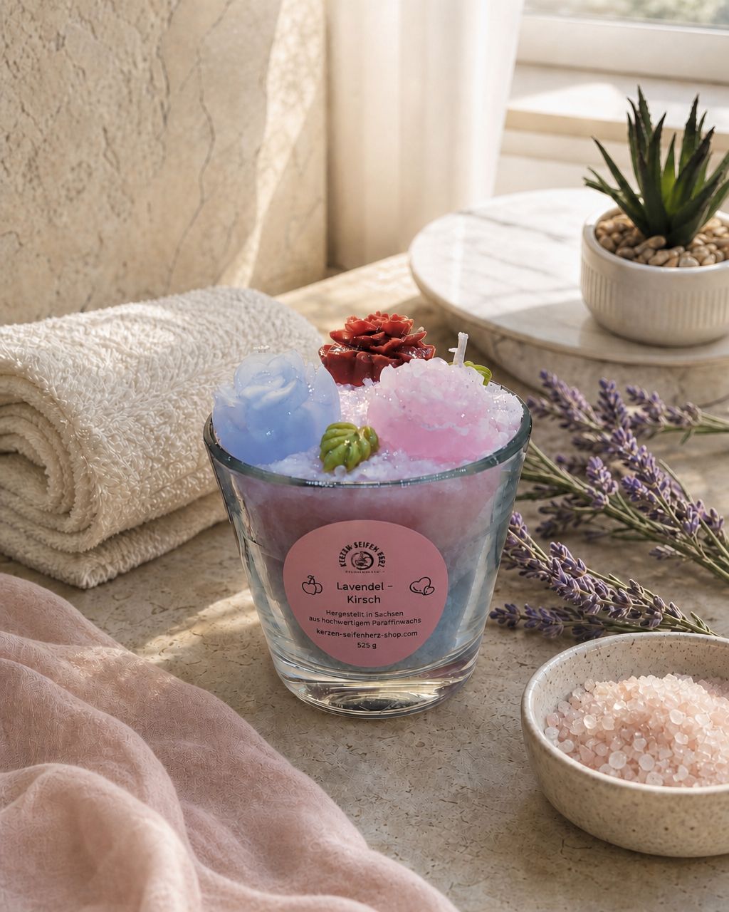 Lavendel-Kirsch Duftkerze im Spa-Ambiente mit Handtüchern, Lavendel und Badesalz