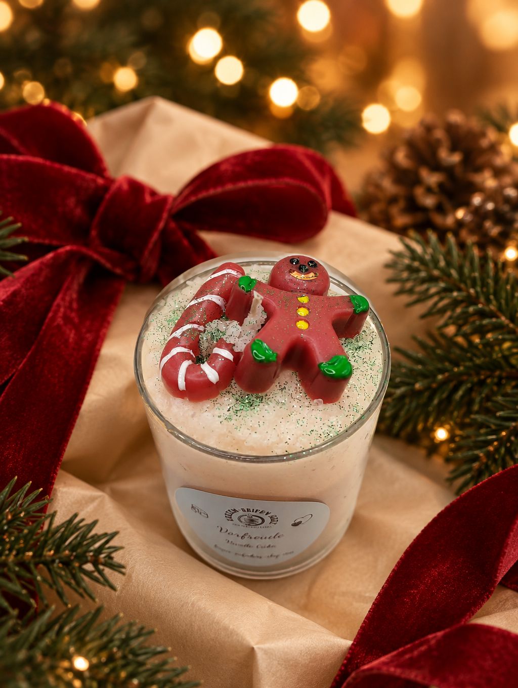 Vanillecake-Weihnachtskerze im Glas auf Geschenkbox mit roter Schleife, Lebkuchenmännchen und Zuckerstange aus Wachs