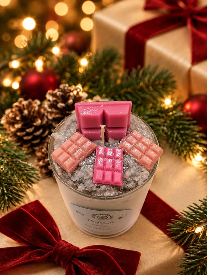 Tiramisu-Weihnachtskerze im Glas auf Geschenkbox mit roter Schleife, Tannengrün und Weihnachtsdekoration