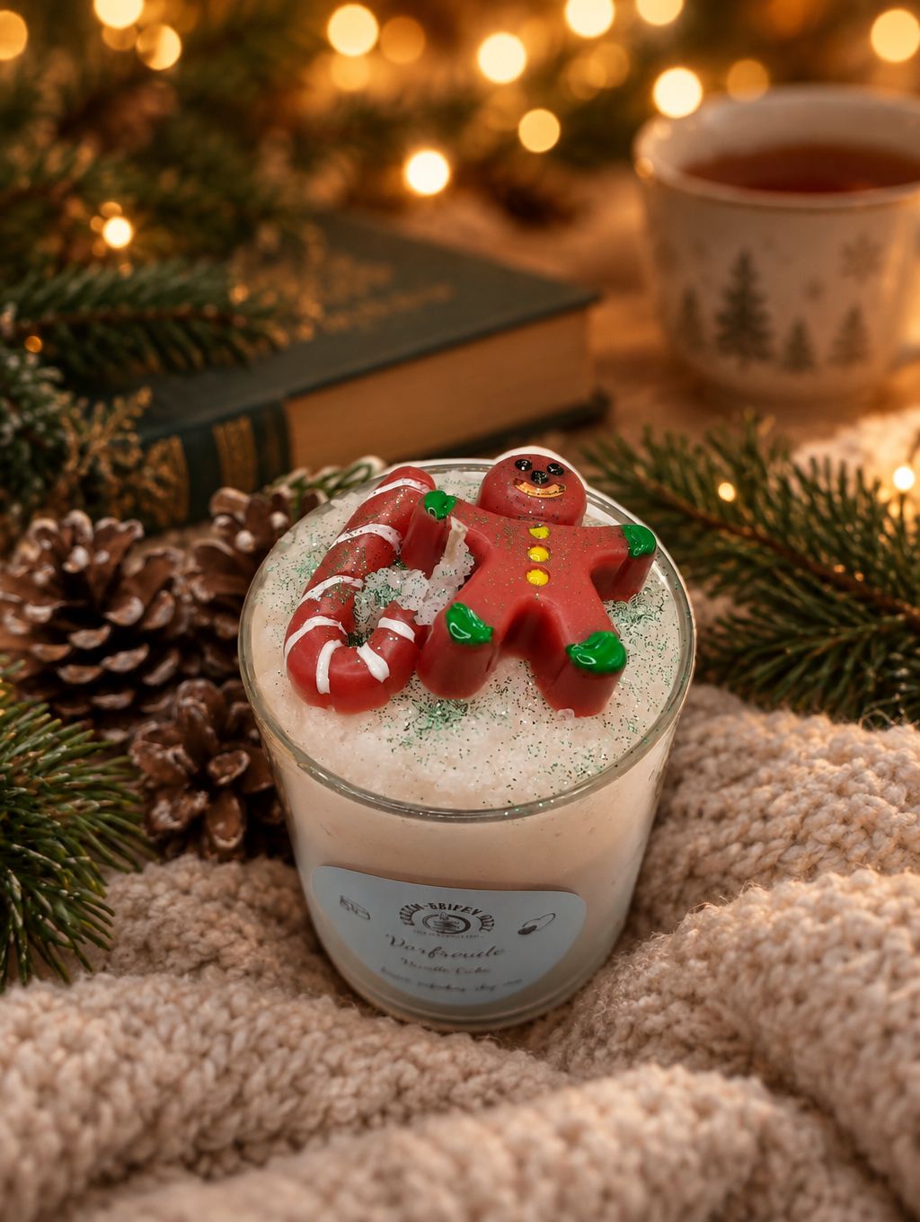Vanillecake-Weihnachtskerze im Glas mit Lebkuchenmännchen und Zuckerstange auf weicher Decke in gemütlicher Weihnachtsstimmung