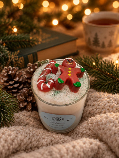 Vanillecake-Weihnachtskerze im Glas mit Lebkuchenmännchen und Zuckerstange auf weicher Decke in gemütlicher Weihnachtsstimmung
