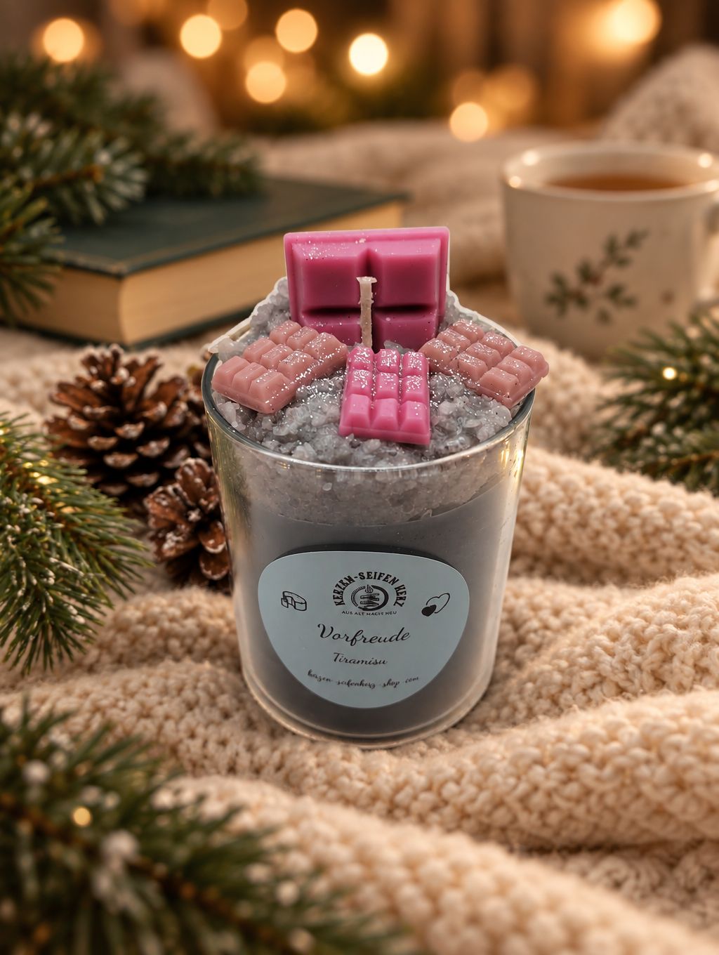 Weihnachtskerze im Glas „Vorfreude – Tiramisu“ auf kuscheliger Decke vor warmem Weihnachtslicht