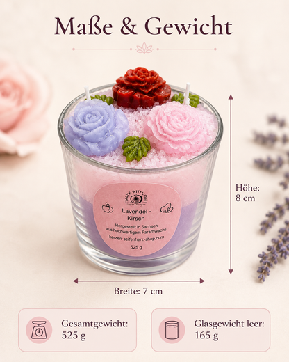 Maße und Gewicht der Lavendel-Kirsch Duftkerze: Höhe 8 cm, Breite 7 cm, Gesamtgewicht 525 g, Glas leer 165 g