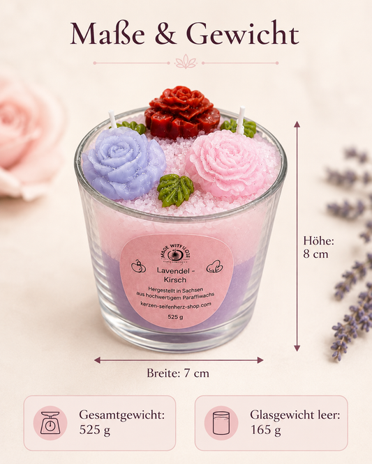 Maße und Gewicht der Lavendel-Kirsch Duftkerze: Höhe 8 cm, Breite 7 cm, Gesamtgewicht 525 g, Glas leer 165 g