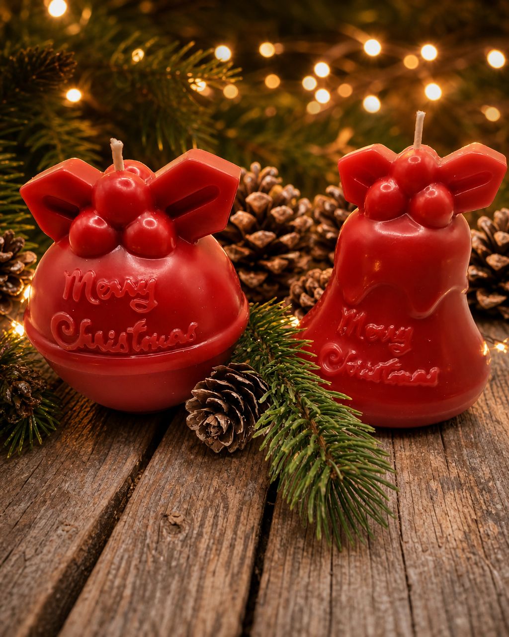 Rote Merry Christmas Weihnachtskerzen als Kugel und Glocke mit Tannengrün und Zapfen