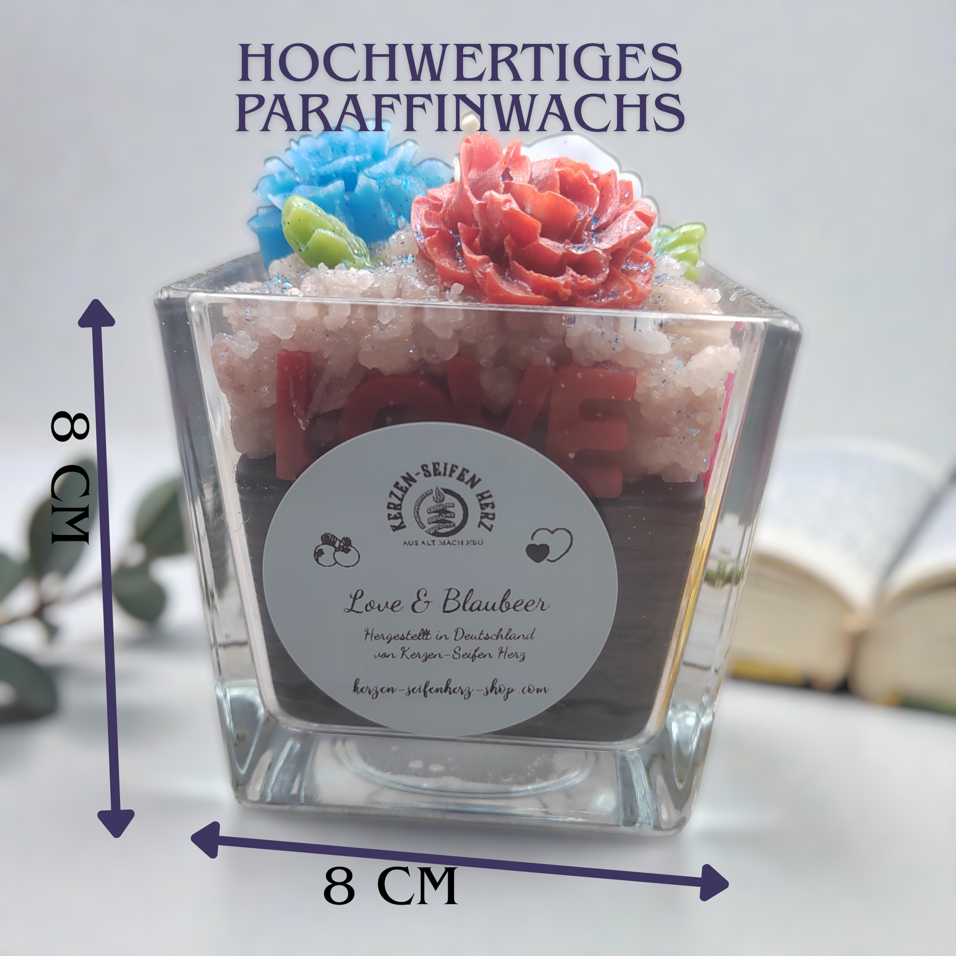 Handgegossene Duftkerze Vanilliger Rosenzauber im Glas mit Wachsrosen-Dekoration, Kerzen-Seifen Herz, Vanille-Blaubeer Duft