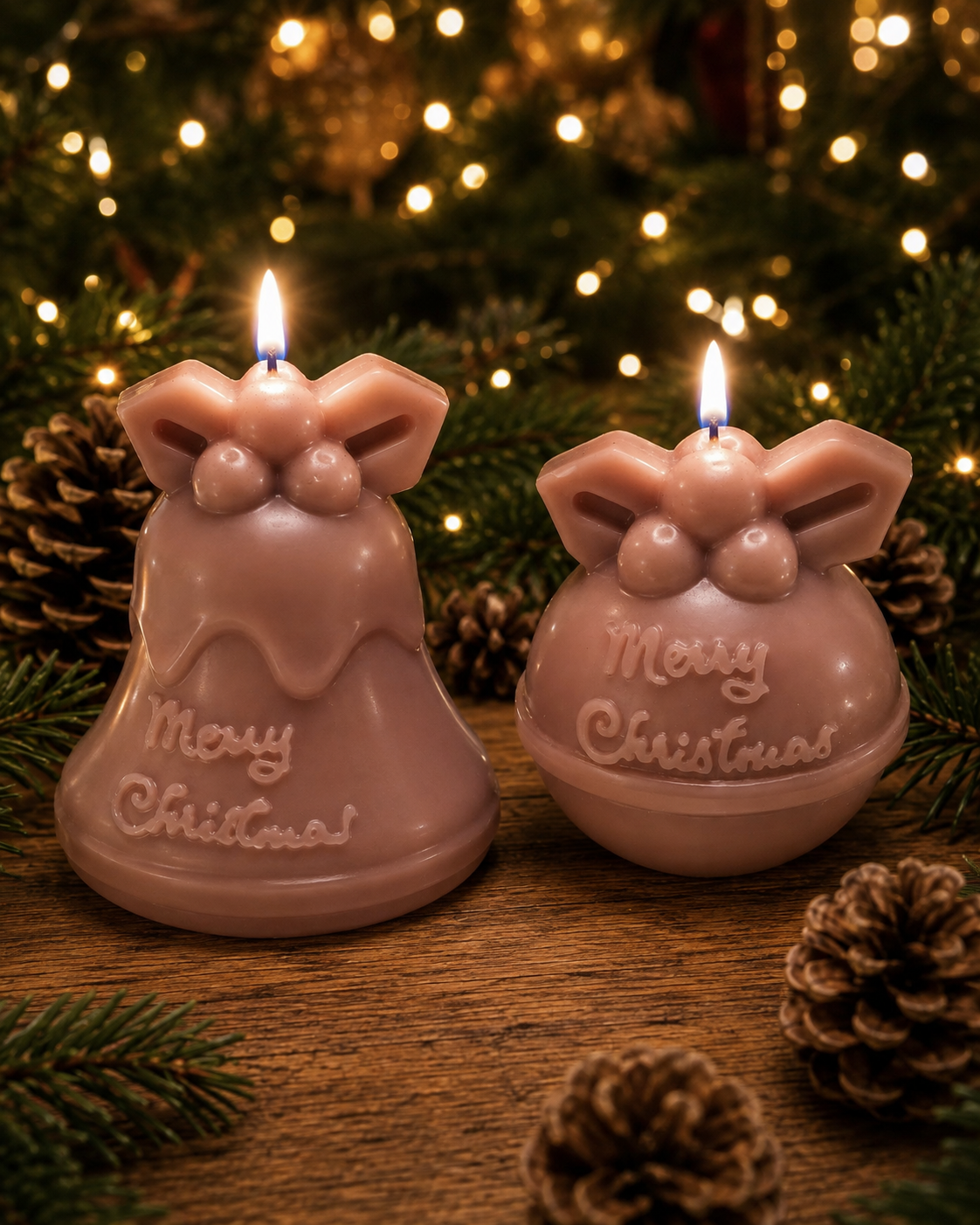 Merry Christmas Weihnachtskerzen Glocke und Kugel in Altrosa gemeinsam mit Tannenzweig und Zapfen