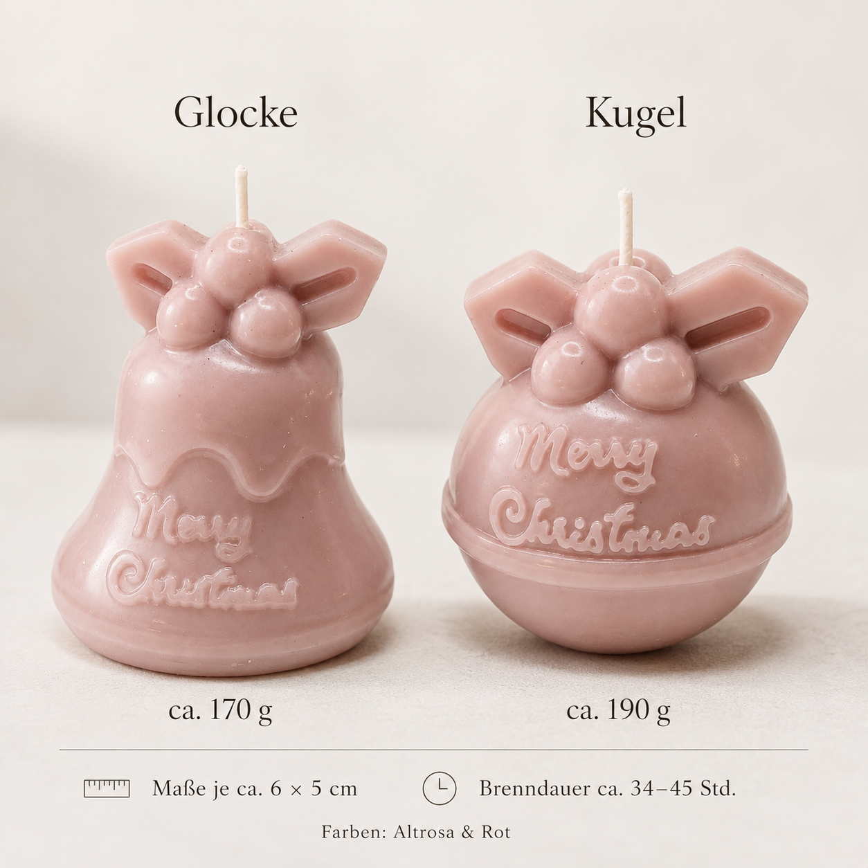 Größenvergleich der Merry Christmas Weihnachtskerzen Glocke und Kugel mit Gewicht, Maßen und Brenndauer