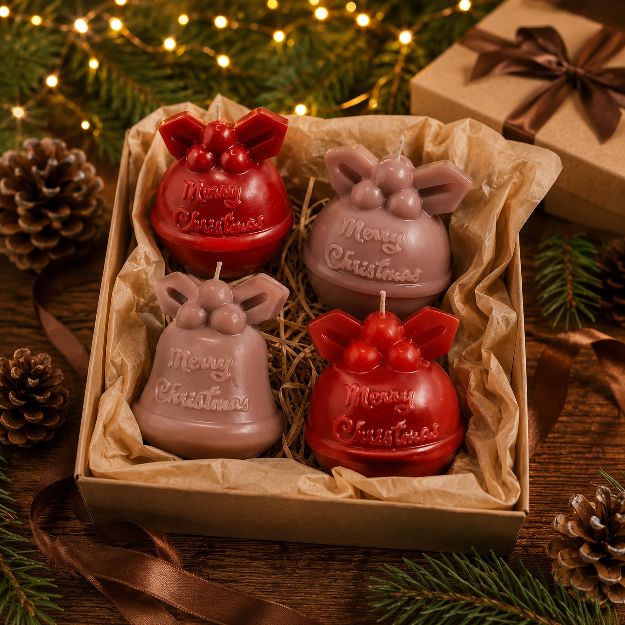 Merry Christmas Weihnachtskerzen als Glocke und Kugel in Altrosa und Rot liebevoll als Geschenk verpackt