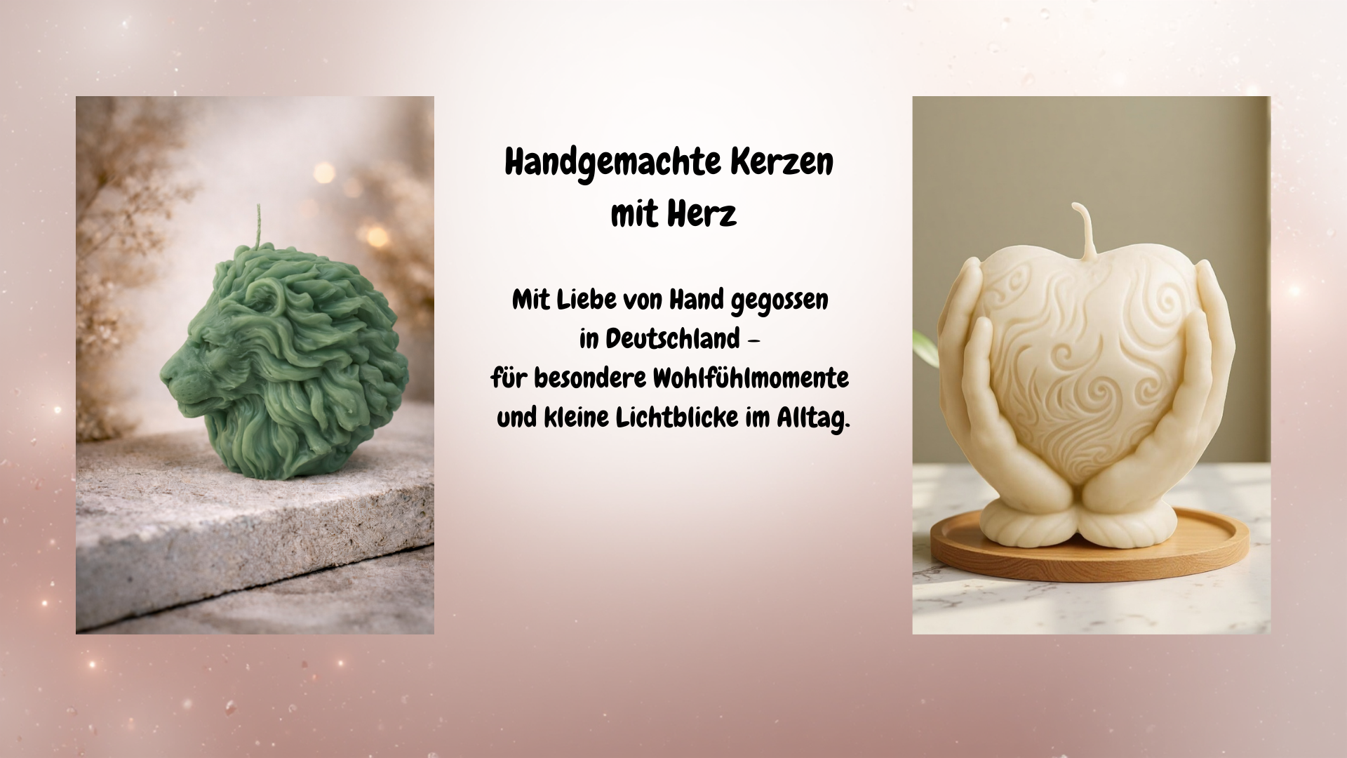 Handgemachte Kerzen aus Deutschland, dekorativ arrangiert für eine warme und gemütliche Wohnatmosphäre.